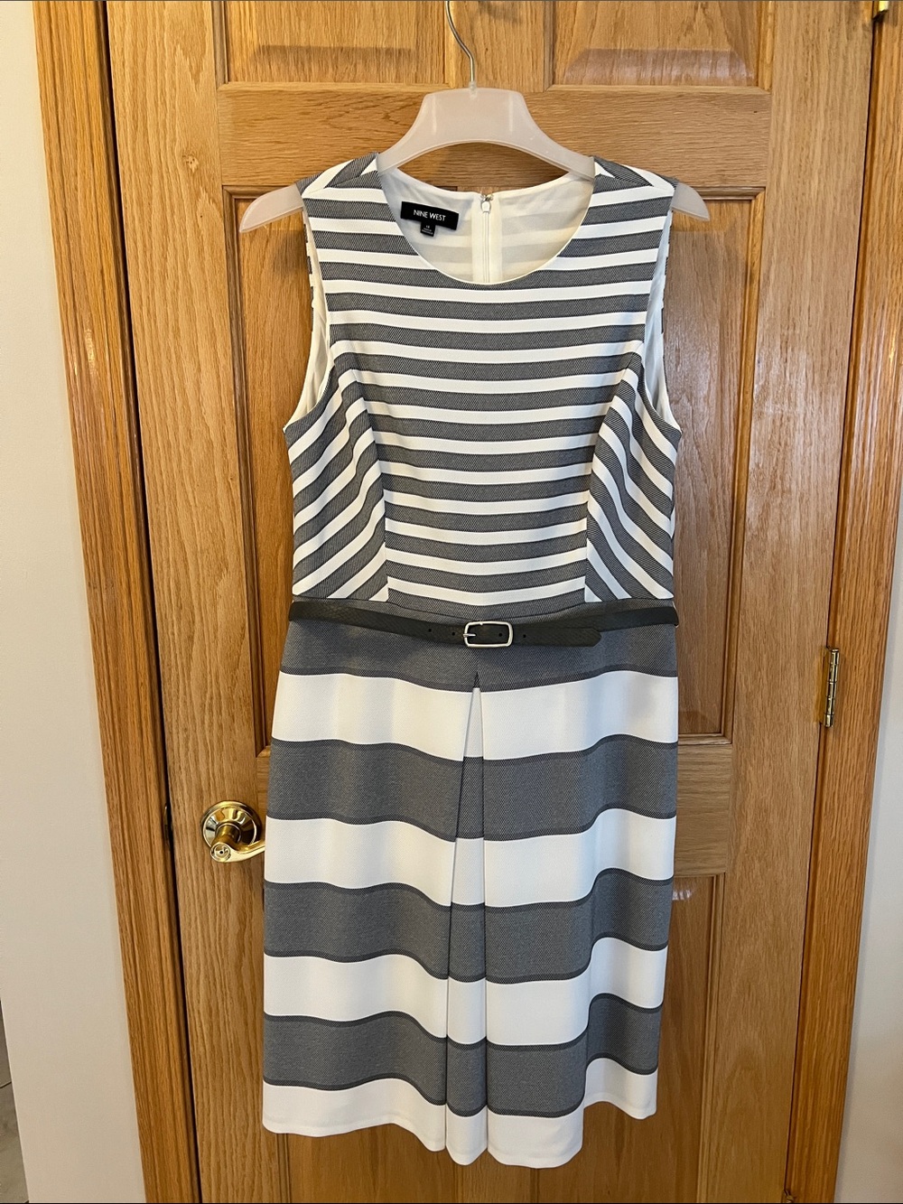 Nine West Striped Sleeveless Belted Gray and White Dress